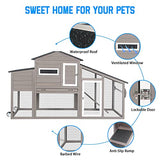 Two-Story Wooden Chicken Coop and Rabbit Hutch with Outdoor Run, Nesting Box, Ramp and Deep No-Leak Pull-Out Tray, Indoor or Outdoor Cage for Chicks and Bunnies, Black