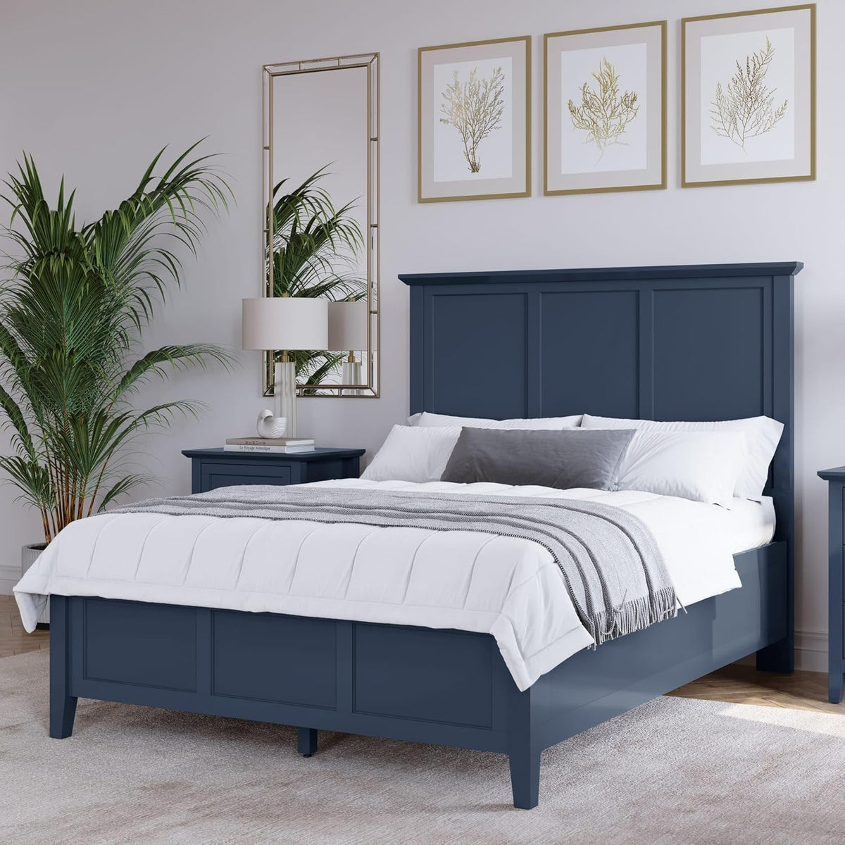 Modus Furniture Grace Three-Panel Bed, Solid Wood Queen Size, U.S. Standard, Blueberry