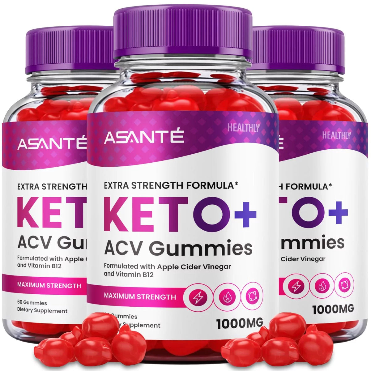 3-Pack Asante Keto ACV Gummies with Apple Cider Vinegar and Vitamin B12, 180 Gummies