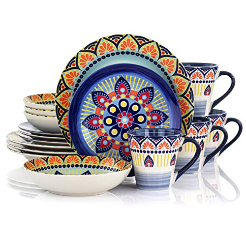 Elama 16-Piece Round Stoneware Dinnerware Set with Multicolored Mandala Pattern, Green