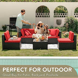 Devoko 6-Piece Beige Patio Conversation Set with Handwoven Rattan Sofa, Sectional Seating, Cushions and Glass Table