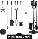 32-Inch Wrought Iron Fireplace Tool Set with Stand, Fire Poker, Shovel, Brush, and Tongs, 5-Piece Collection