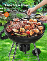22-Inch Kettle Charcoal BBQ Grill with Lid Thermometer, Plated Steel Grates, Integrated Wheels and Slide-Out Ash Catcher for Patio, Picnic and Backyard Cooking