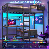 DICTAC Twin Metal Loft Bed with L-Shaped Desk, Storage Shelves, Charging Station and LED Lights, Featuring Coat Rack, Drawers, Staircase and Safety Guardrail, Black