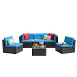 Devoko 6-Piece Beige Patio Conversation Set with Handwoven Rattan Sofa, Sectional Seating, Cushions and Glass Table