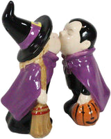 Ebros Gift Halloween Villains Ceramic Salt and Pepper Shakers, Vampire Dracula and Kissing Witch with Broomstick, Magnetic Set with Rubber Stoppers
