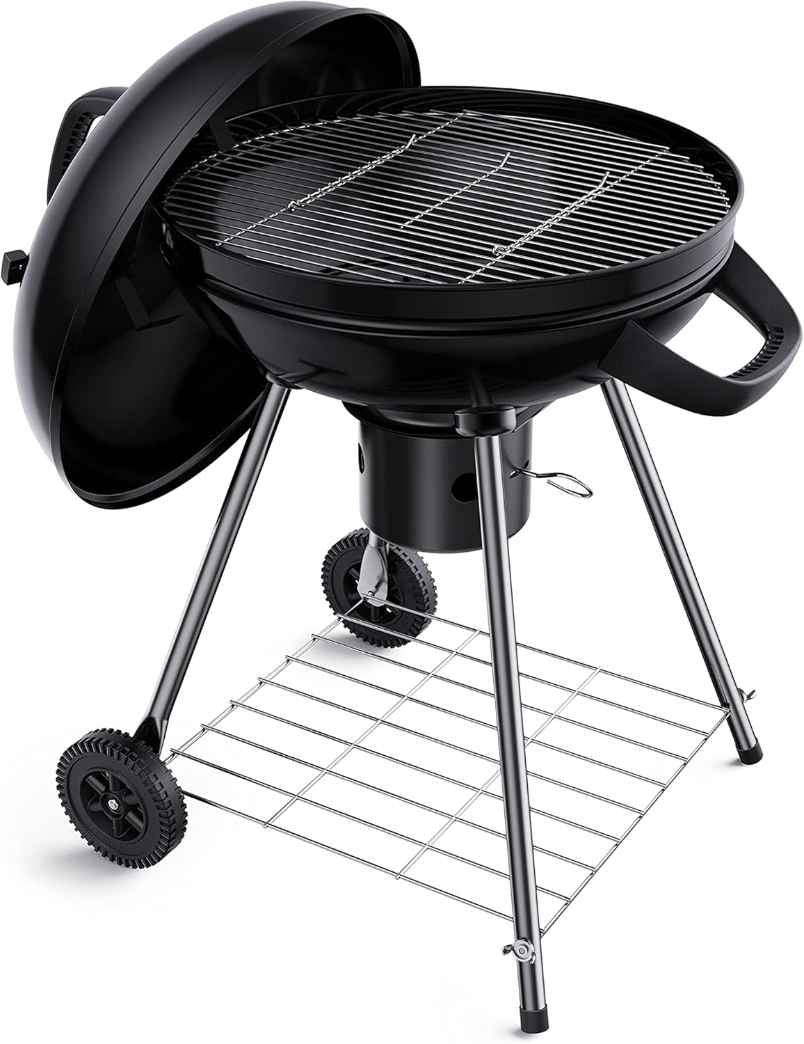 22-Inch Kettle Charcoal BBQ Grill with Lid Thermometer, Plated Steel Grates, Integrated Wheels and Slide-Out Ash Catcher for Patio, Picnic and Backyard Cooking